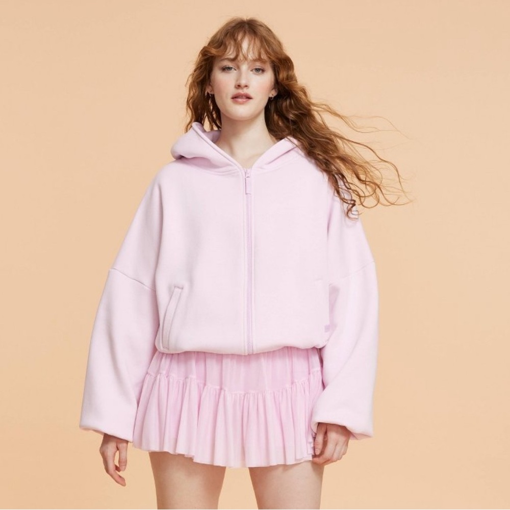 NWT BLOGILATES WOMENS MARSHMALLOW FULL ZIP HOODED SWEATSHIRT - LIGHT PINK SZ L